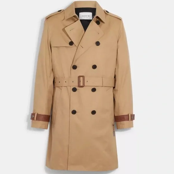 NWT COACH Men’s Trench Coat Khaki Beige Color Size XXL Leather details - Picture 1 of 16